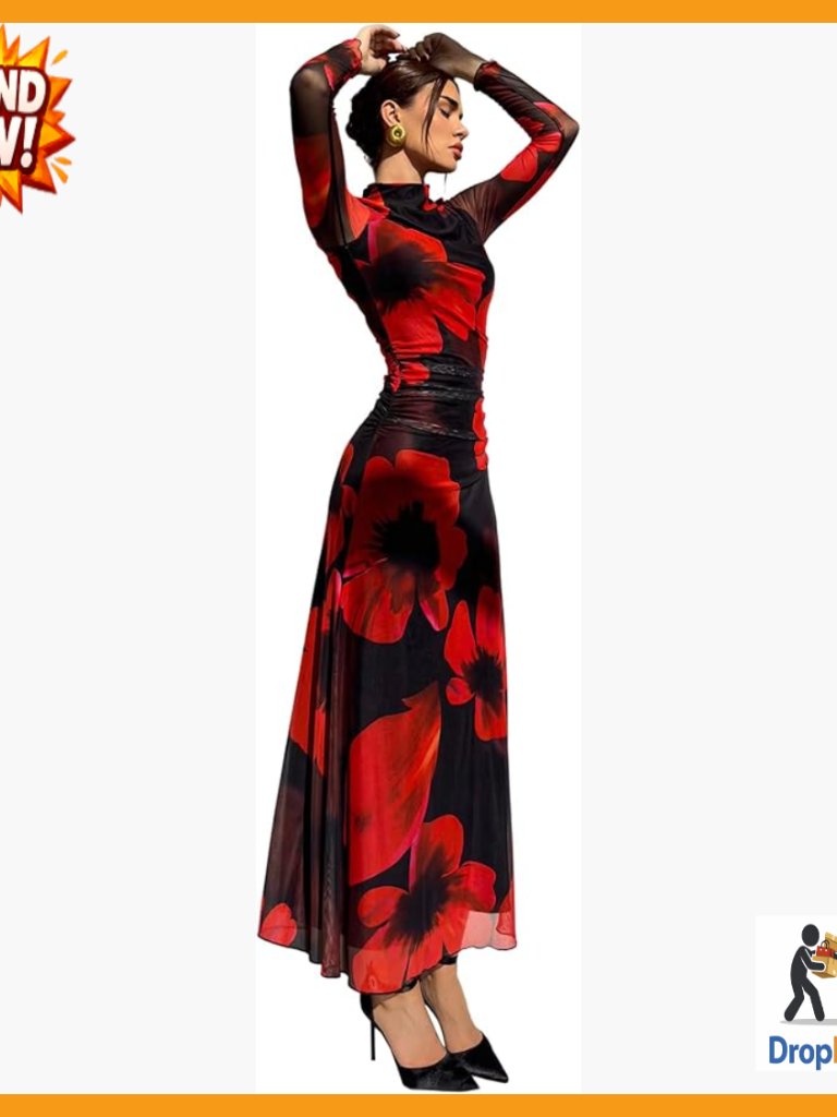 Floral Maxi Dress Long Sleeve A-Line Ruched Elegant Wedding Guest Holiday
